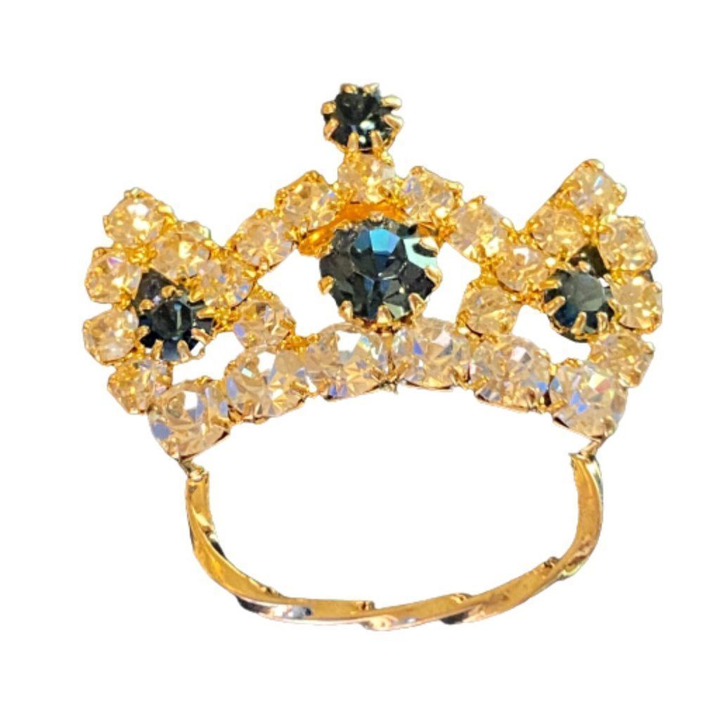 Eisenberg Ice Gold Tone White & Blue Rhinestone Covered Small Crown Brooch / Pin